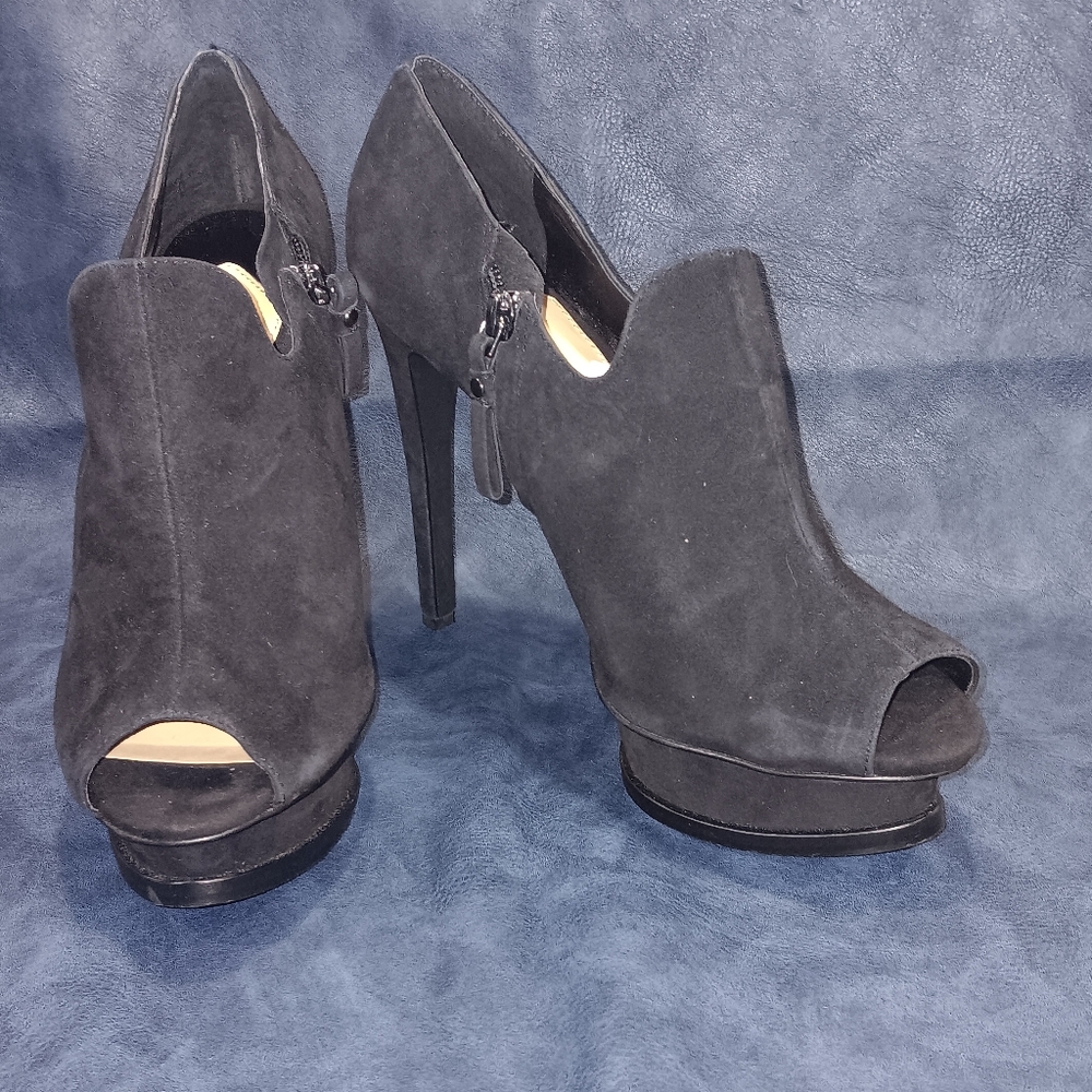 Gianni Bini Black Suede Open Toe Zip Up Platform Heels Size 10